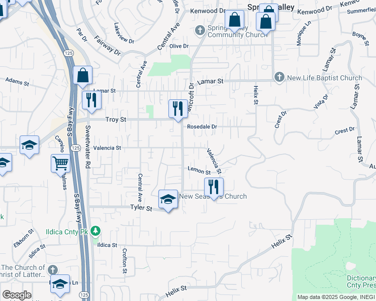 map of restaurants, bars, coffee shops, grocery stores, and more near 9011 Valencia Street in Spring Valley