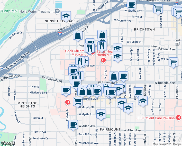 map of restaurants, bars, coffee shops, grocery stores, and more near 1000 6th Avenue in Fort Worth