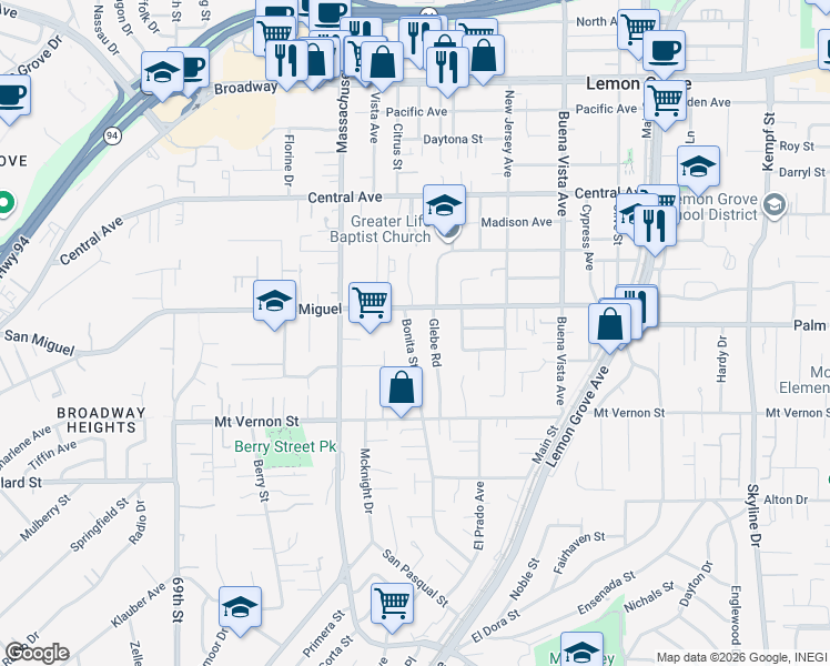 map of restaurants, bars, coffee shops, grocery stores, and more near 2629 Bonita Street in Lemon Grove
