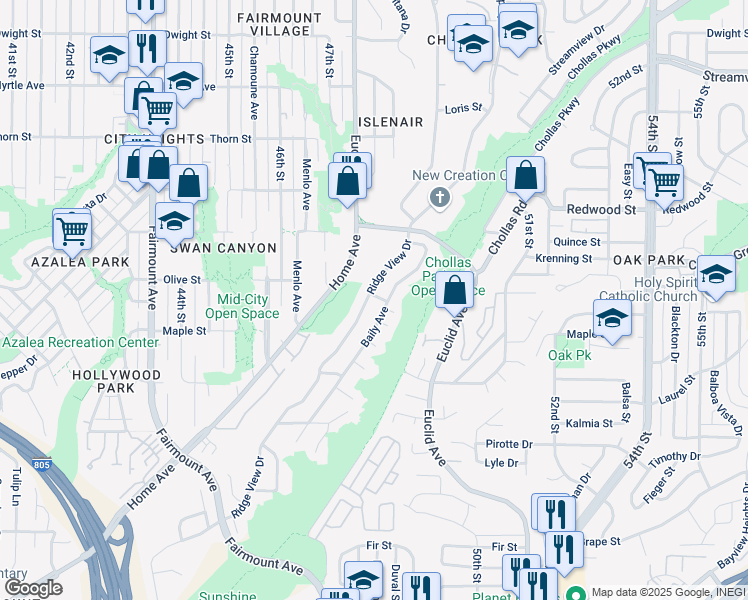 map of restaurants, bars, coffee shops, grocery stores, and more near 2685 Ridgeview Drive in San Diego