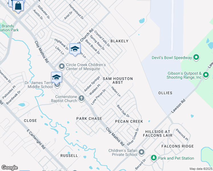 map of restaurants, bars, coffee shops, grocery stores, and more near 2105 Lone Pecan Drive in Mesquite