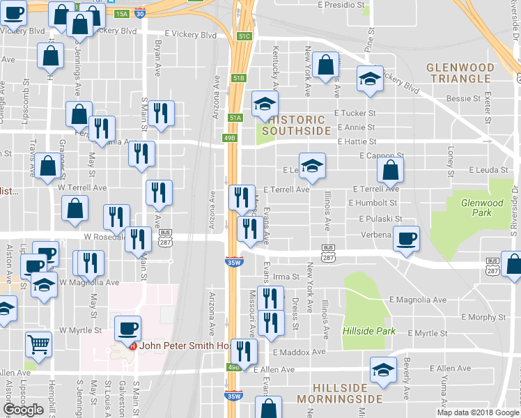 map of restaurants, bars, coffee shops, grocery stores, and more near 924 Evans Avenue in Fort Worth