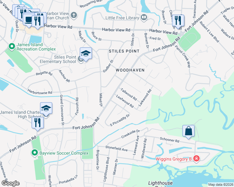 map of restaurants, bars, coffee shops, grocery stores, and more near 783 Fort Johnson Road in Charleston