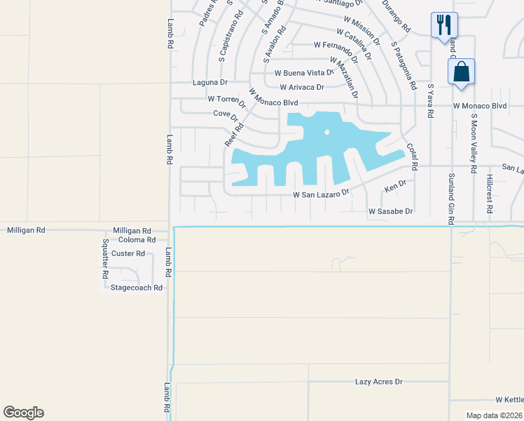map of restaurants, bars, coffee shops, grocery stores, and more near 16011 Hilo Circle in Arizona City