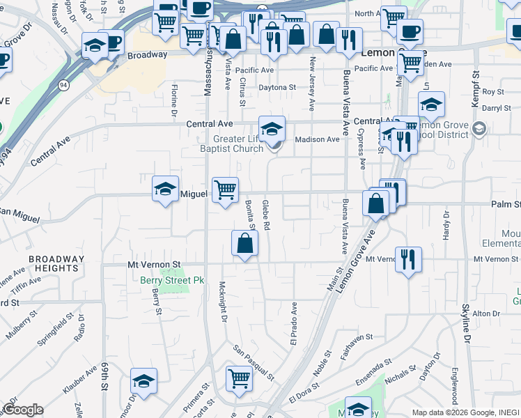 map of restaurants, bars, coffee shops, grocery stores, and more near 2610 Glebe Road in Lemon Grove