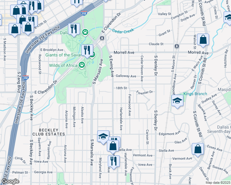 map of restaurants, bars, coffee shops, grocery stores, and more near 1214 South Ewing Avenue in Dallas