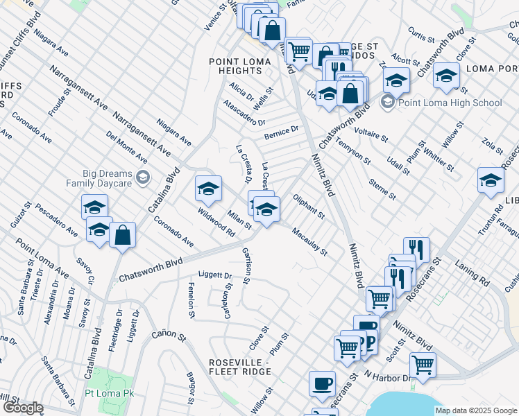 map of restaurants, bars, coffee shops, grocery stores, and more near 3734 Narragansett Avenue in San Diego