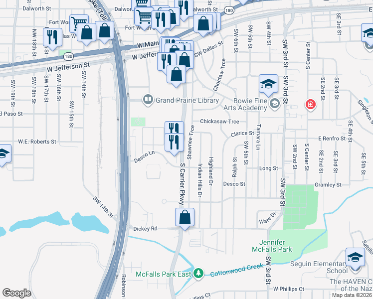 map of restaurants, bars, coffee shops, grocery stores, and more near 926 Shawnee Trce in Grand Prairie