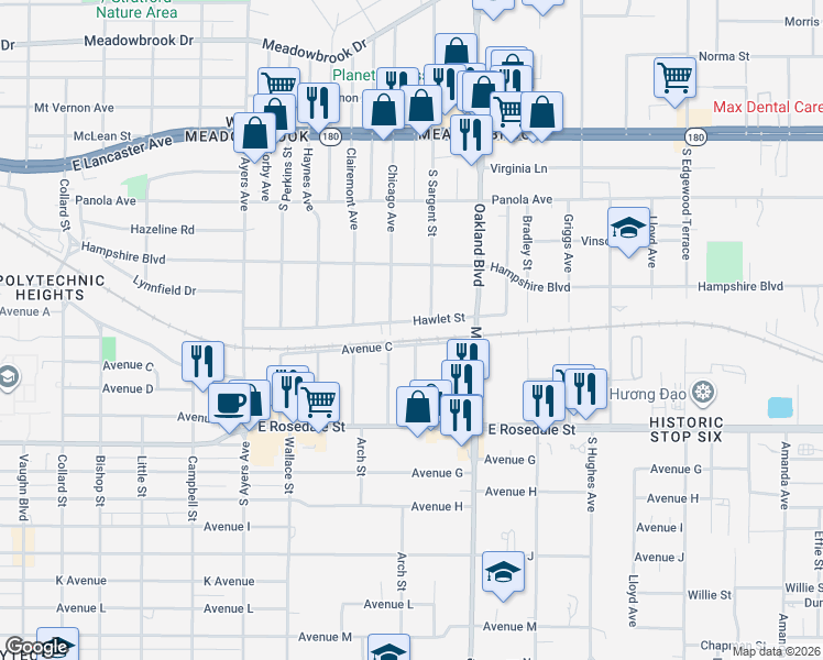 map of restaurants, bars, coffee shops, grocery stores, and more near 4066 Hawlet Street in Fort Worth
