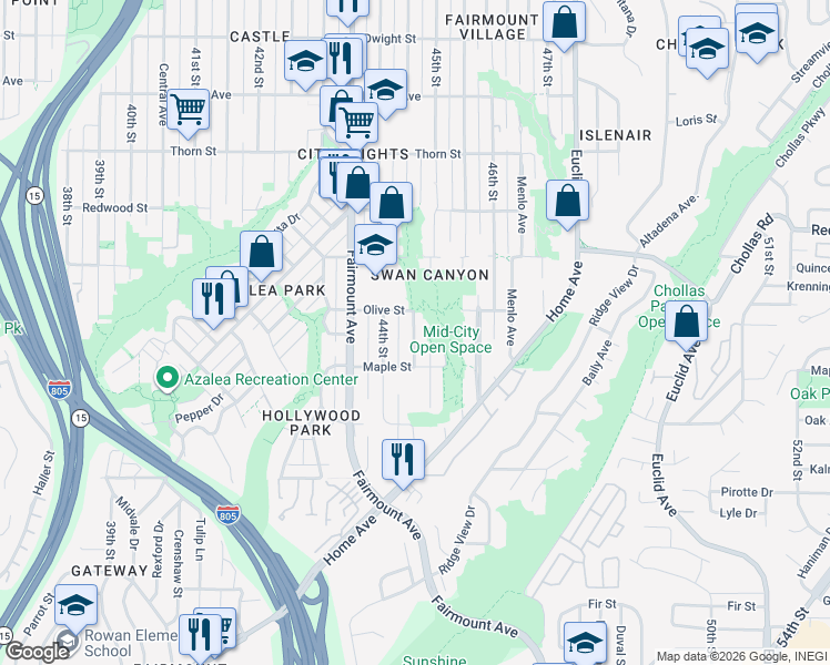 map of restaurants, bars, coffee shops, grocery stores, and more near 2714 Highland Avenue in San Diego