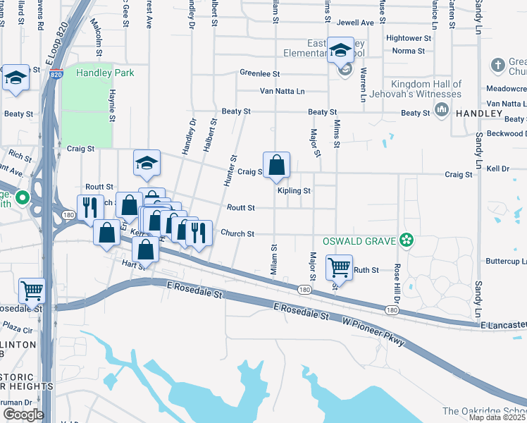 map of restaurants, bars, coffee shops, grocery stores, and more near 6860 Routt Street in Fort Worth