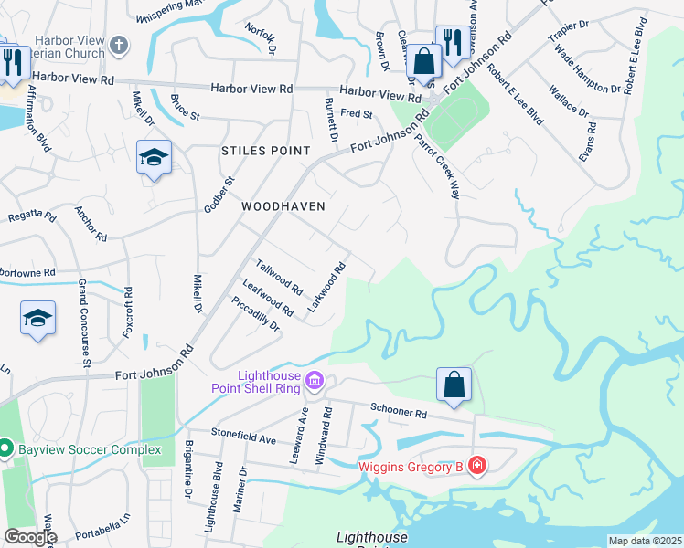 map of restaurants, bars, coffee shops, grocery stores, and more near 741 Larkwood Road in Charleston