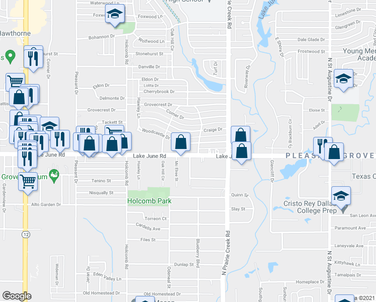 map of restaurants, bars, coffee shops, grocery stores, and more near 8741 Lake June Road in Dallas