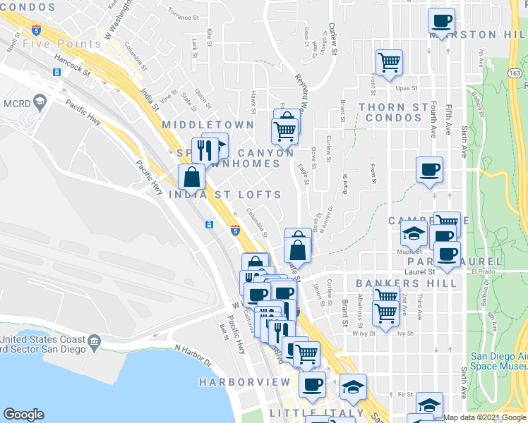 map of restaurants, bars, coffee shops, grocery stores, and more near 2860 State Street in San Diego