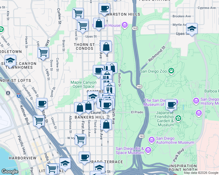 map of restaurants, bars, coffee shops, grocery stores, and more near 2800 Fifth Avenue in San Diego
