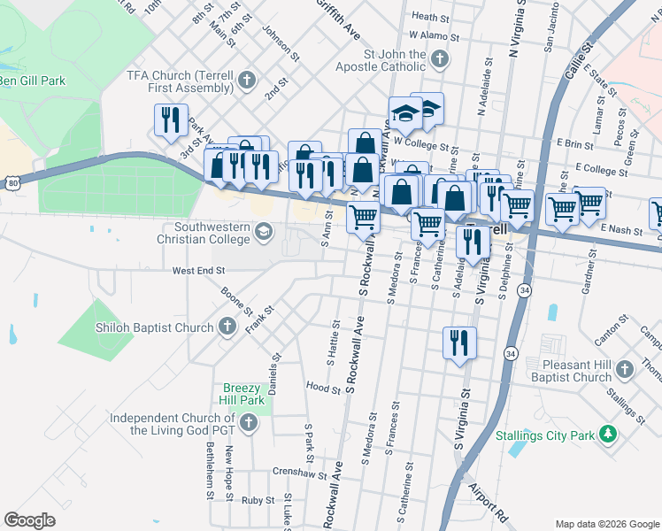 map of restaurants, bars, coffee shops, grocery stores, and more near 103 West End Street in Terrell