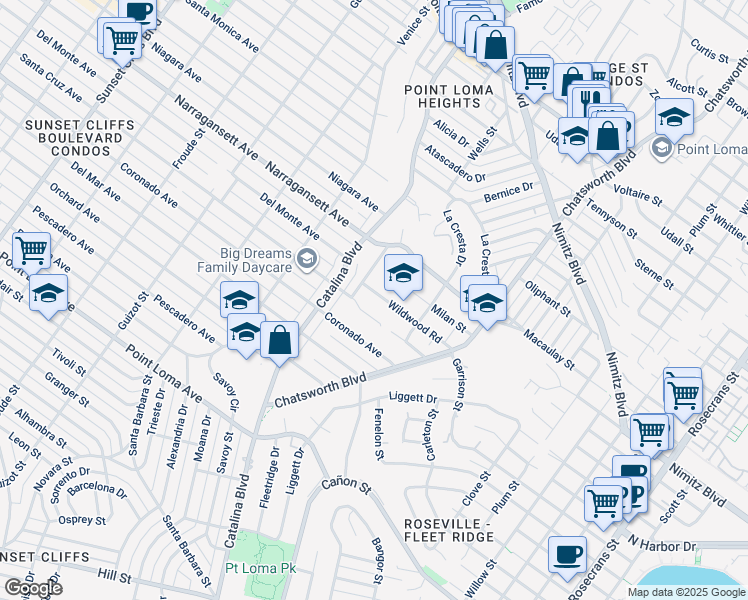 map of restaurants, bars, coffee shops, grocery stores, and more near 3935 Wildwood Road in San Diego