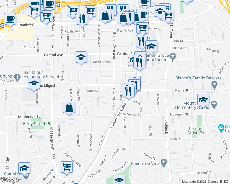 map of restaurants, bars, coffee shops, grocery stores, and more near 2659 Buena Vista Avenue in Lemon Grove