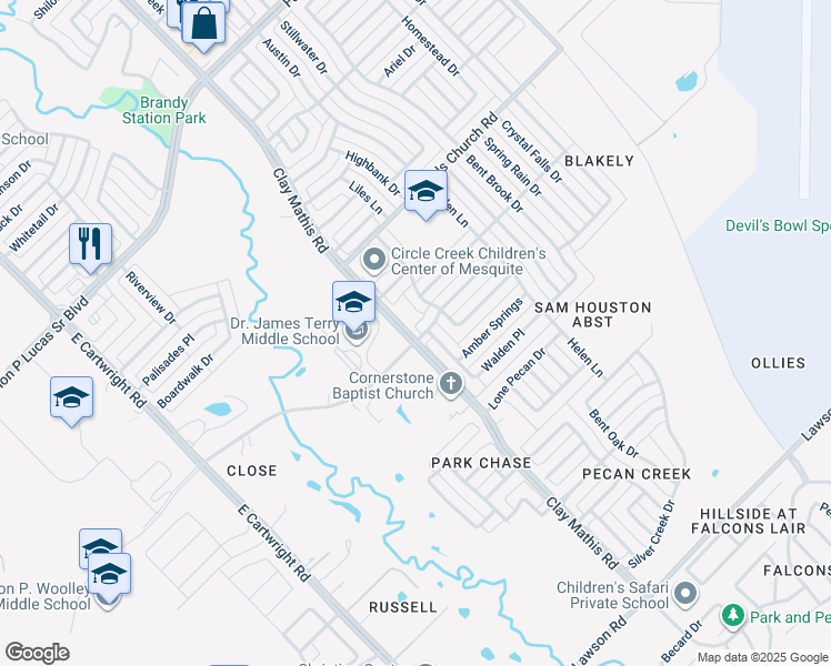 map of restaurants, bars, coffee shops, grocery stores, and more near 2225 Creek Royal Drive in Mesquite