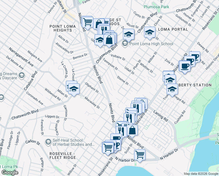 map of restaurants, bars, coffee shops, grocery stores, and more near 3526-28 Poe Street in San Diego