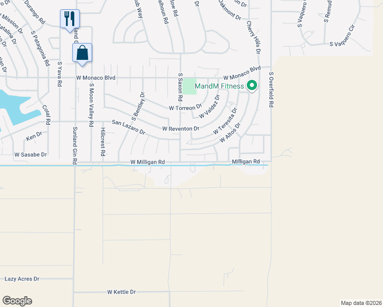 map of restaurants, bars, coffee shops, grocery stores, and more near 8721 West Altos Drive in Arizona City