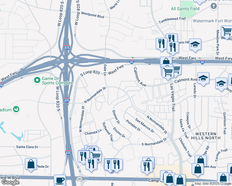 map of restaurants, bars, coffee shops, grocery stores, and more near 2808 Randell Way in Fort Worth