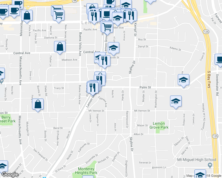 map of restaurants, bars, coffee shops, grocery stores, and more near 2636 Nida Place in Lemon Grove