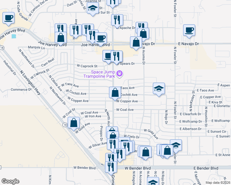 map of restaurants, bars, coffee shops, grocery stores, and more near 3130 North Grimes Street in Hobbs