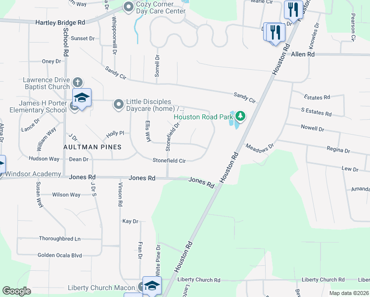 map of restaurants, bars, coffee shops, grocery stores, and more near 169 Ellis Way in Macon