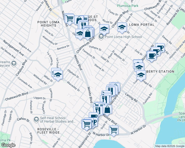 map of restaurants, bars, coffee shops, grocery stores, and more near 3428 Quimby Street in San Diego