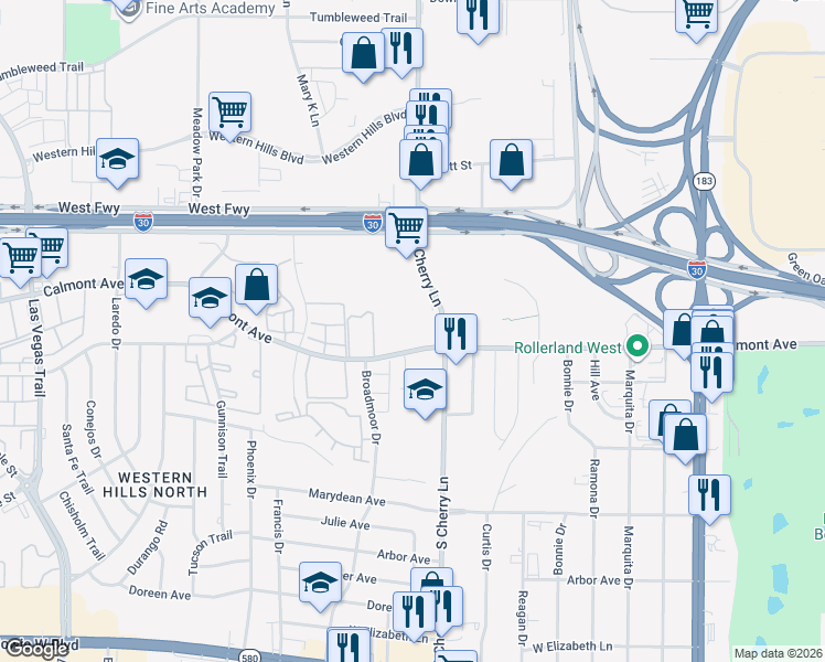 map of restaurants, bars, coffee shops, grocery stores, and more near 7920 Calmont Avenue in Fort Worth