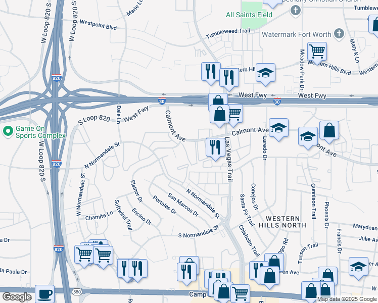 map of restaurants, bars, coffee shops, grocery stores, and more near 2832 Westwind Circle in Fort Worth