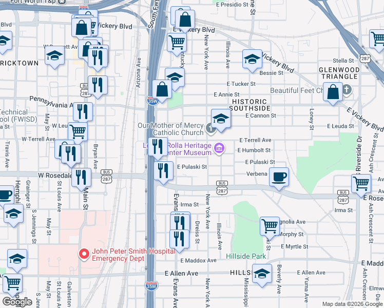 map of restaurants, bars, coffee shops, grocery stores, and more near 930 East Humbolt Street in Fort Worth