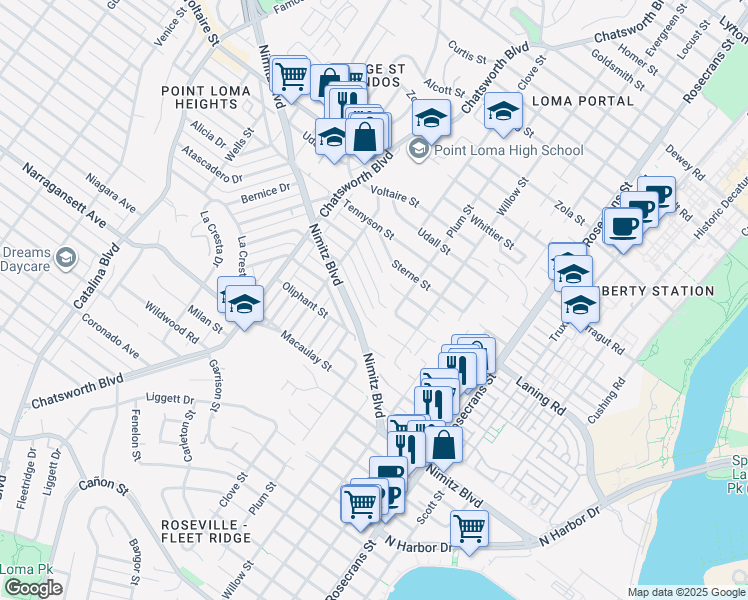 map of restaurants, bars, coffee shops, grocery stores, and more near 3509 Quimby Street in San Diego