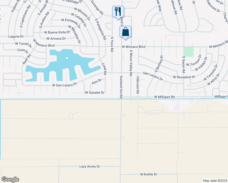 map of restaurants, bars, coffee shops, grocery stores, and more near 16015 South Yava Road in Arizona City