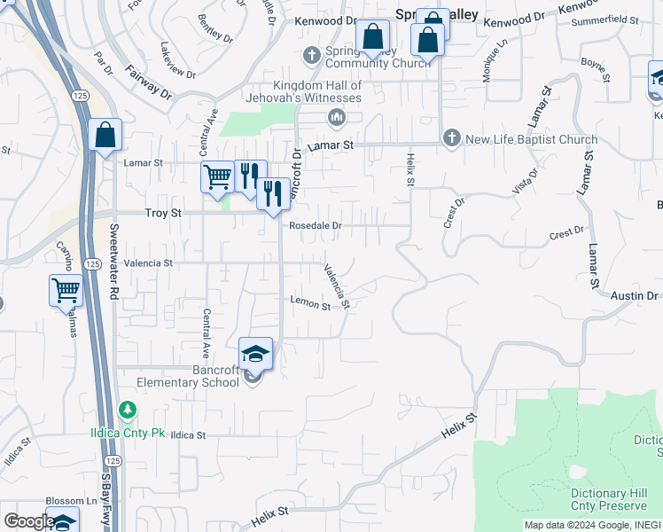 map of restaurants, bars, coffee shops, grocery stores, and more near 9057 Valencia Street in Spring Valley
