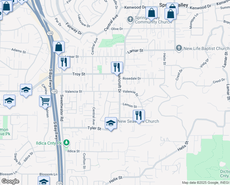 map of restaurants, bars, coffee shops, grocery stores, and more near 8937 Valencia Street in Spring Valley