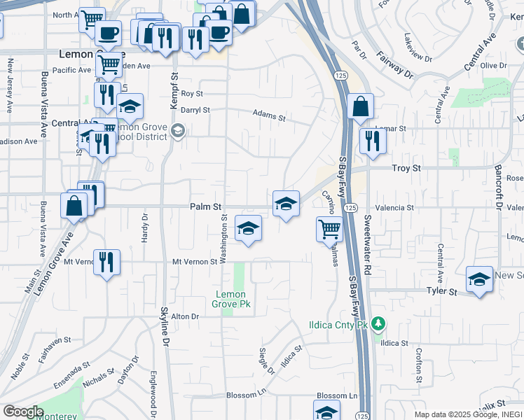 map of restaurants, bars, coffee shops, grocery stores, and more near 8337 Palm Street in Lemon Grove