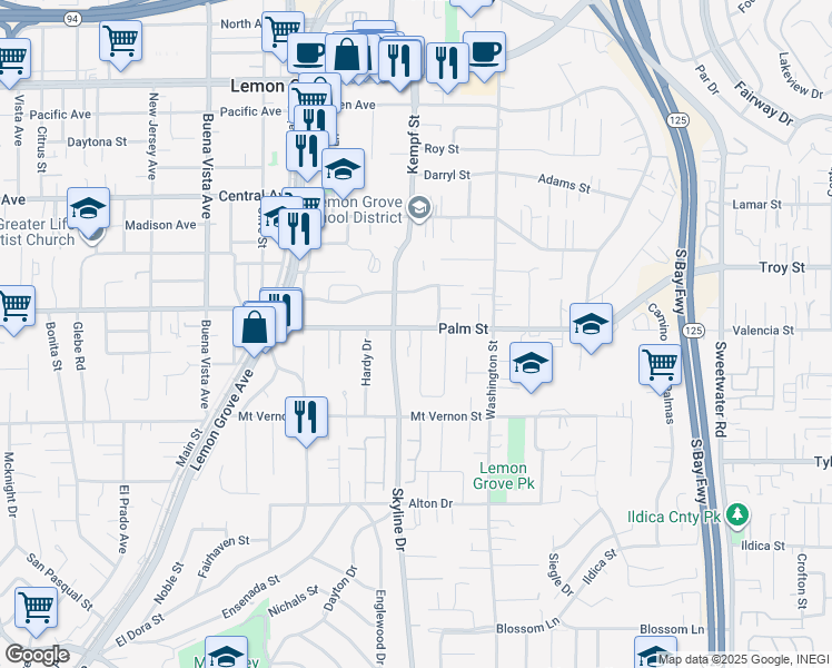 map of restaurants, bars, coffee shops, grocery stores, and more near in Lemon Grove