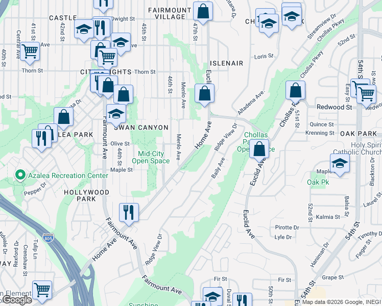 map of restaurants, bars, coffee shops, grocery stores, and more near 2719 Menlo Avenue in San Diego