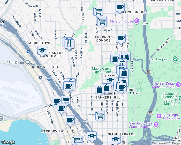 map of restaurants, bars, coffee shops, grocery stores, and more near 2790 Brant Street in San Diego
