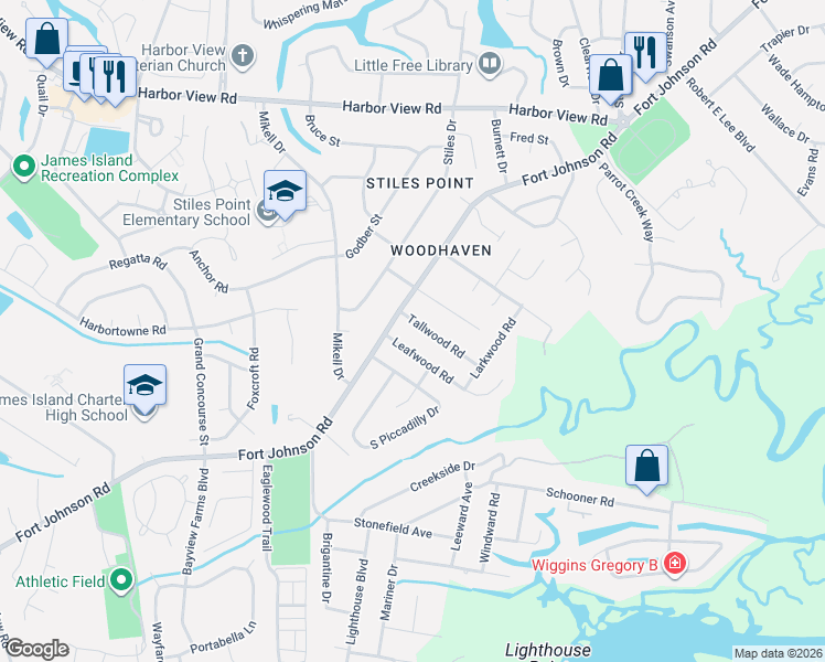 map of restaurants, bars, coffee shops, grocery stores, and more near 742 Tallwood Road in Charleston