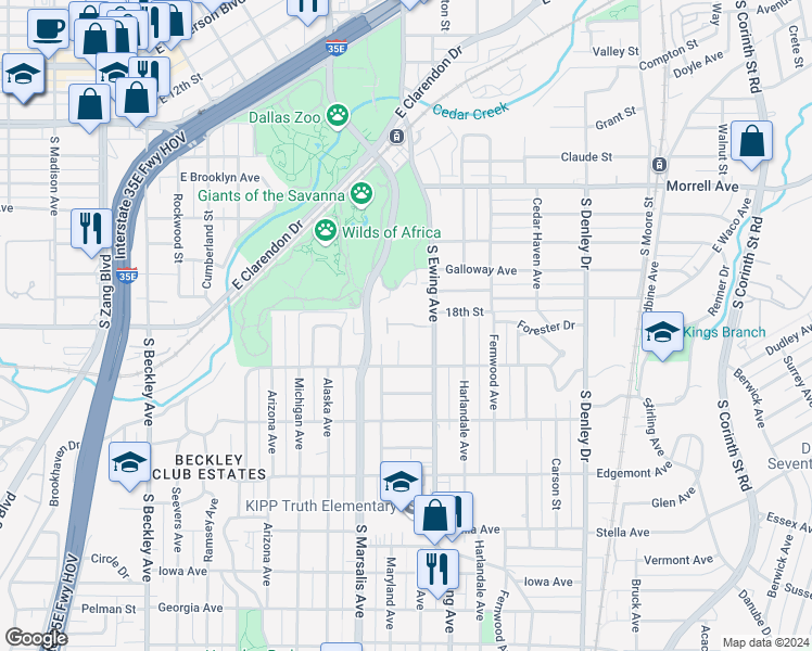 map of restaurants, bars, coffee shops, grocery stores, and more near 1226 Idaho Avenue in Dallas
