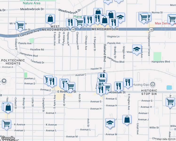 map of restaurants, bars, coffee shops, grocery stores, and more near 4066 Hawlet Street in Fort Worth