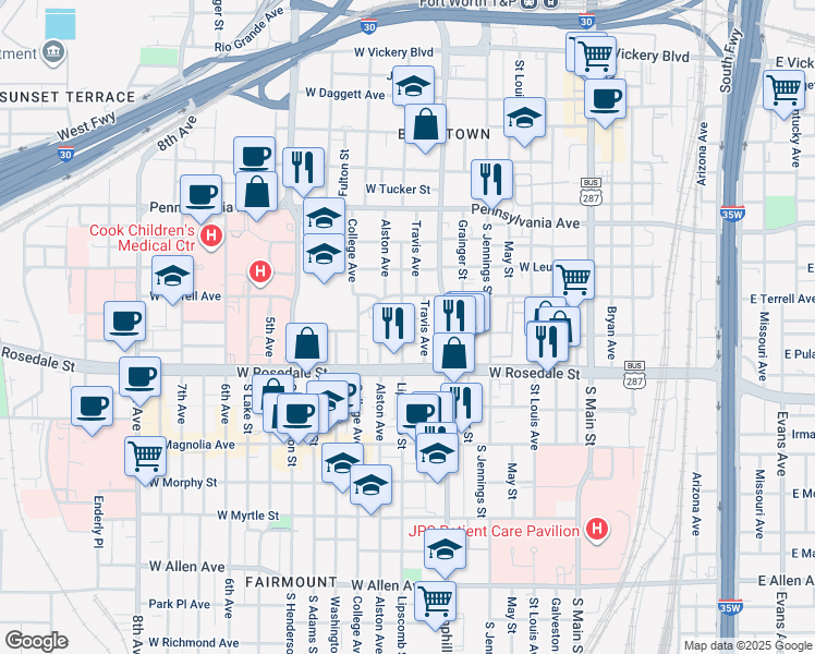 map of restaurants, bars, coffee shops, grocery stores, and more near 928 Lipscomb Street in Fort Worth