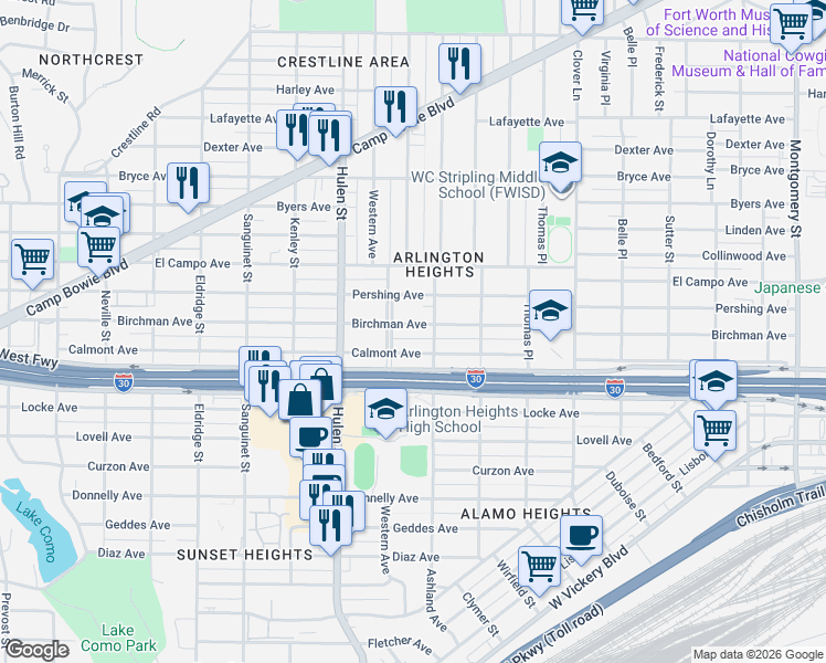 map of restaurants, bars, coffee shops, grocery stores, and more near 4405 Birchman Avenue in Fort Worth