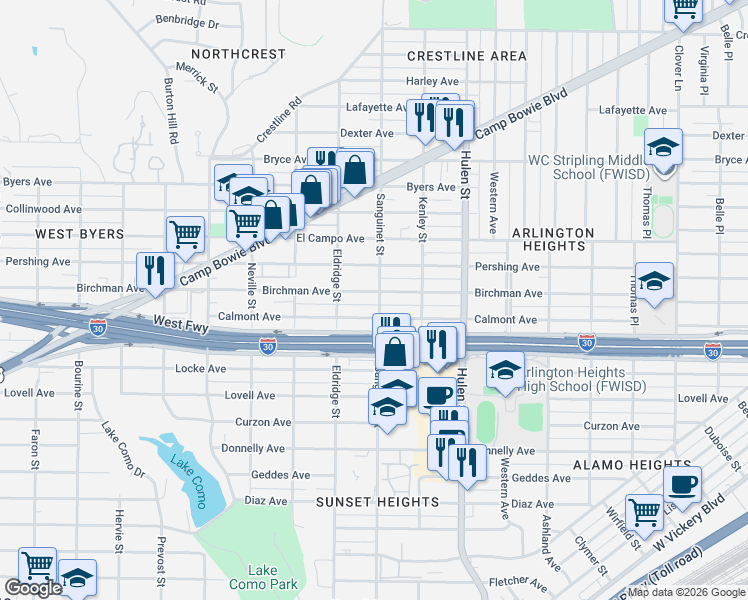 map of restaurants, bars, coffee shops, grocery stores, and more near 4815 Birchman Avenue in Fort Worth