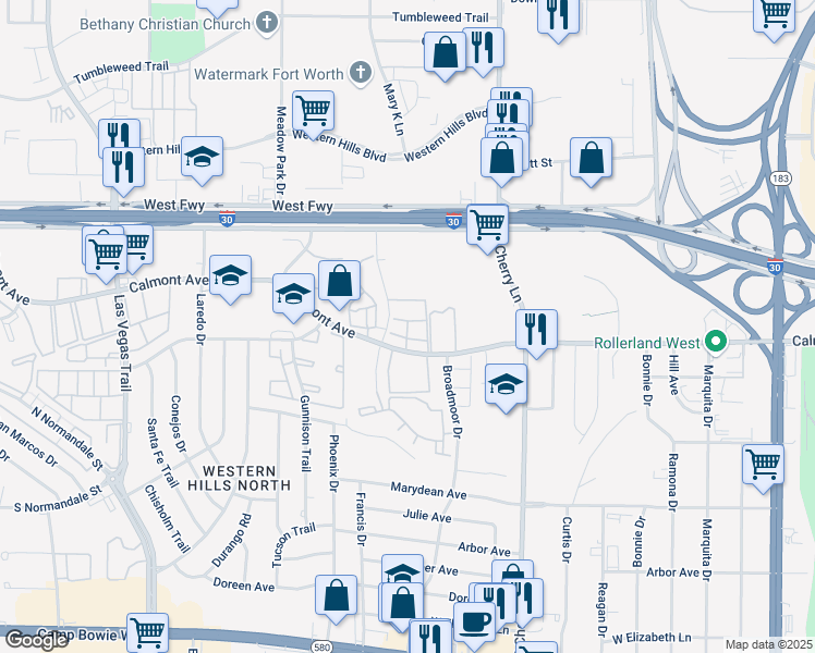 map of restaurants, bars, coffee shops, grocery stores, and more near 8134 Calmont Avenue in Fort Worth
