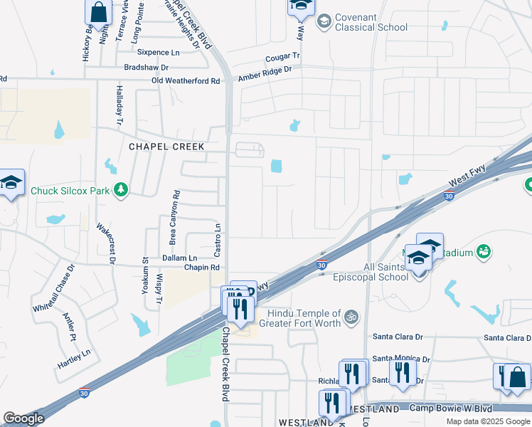 map of restaurants, bars, coffee shops, grocery stores, and more near 2393-2441 Chapel Creek Boulevard in Fort Worth