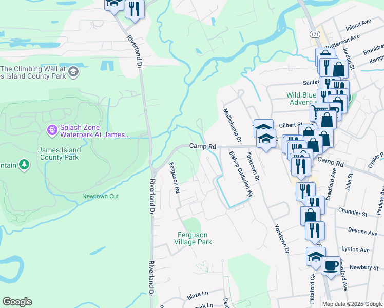 map of restaurants, bars, coffee shops, grocery stores, and more near 1925 Camp Road in Charleston
